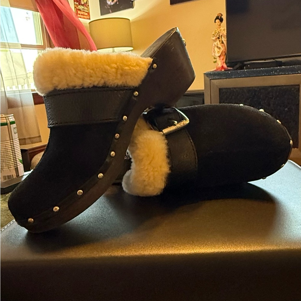 KORS Michael Kors Black and Cream Mules with Cozy Lining